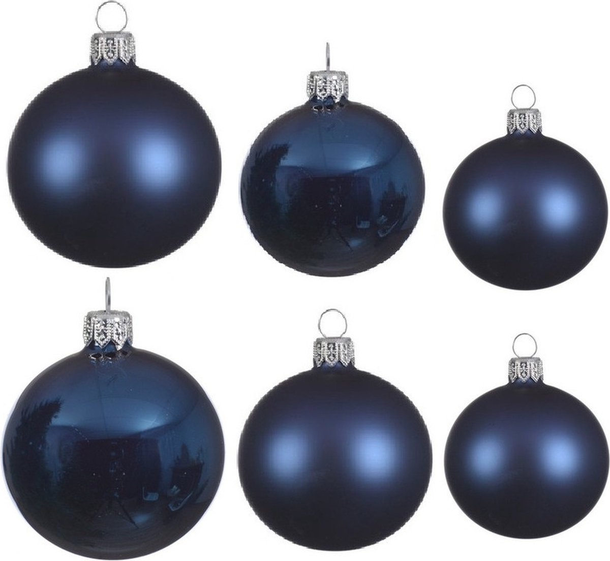 Compleet glazen kerstballen pakket donkerblauw glans/mat 16x stuks - 6x 6 cm - 6x 8 cm - 4x 10 cm