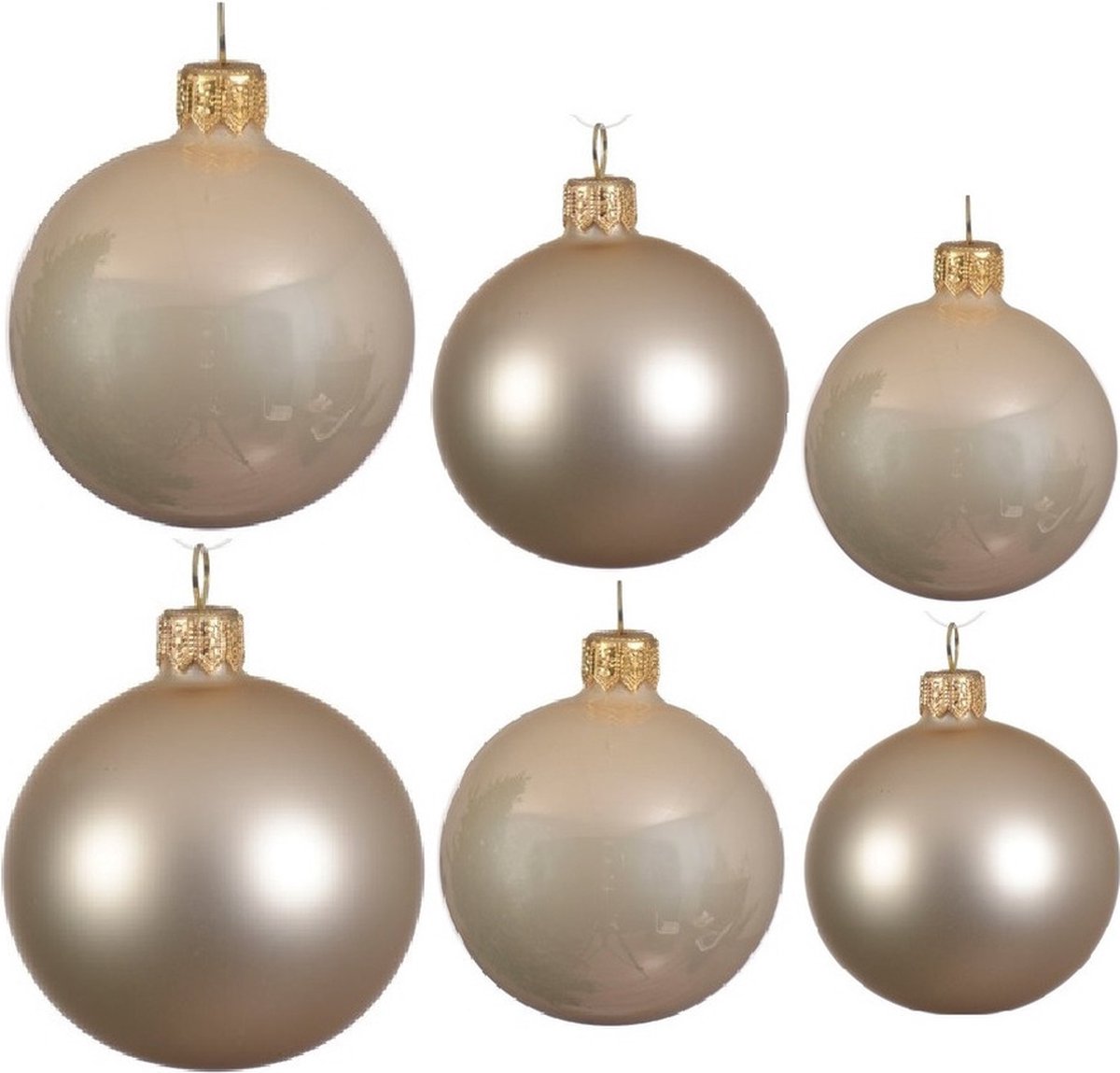 Compleet glazen kerstballen pakket champagne glans/mat 26x stuks - 10x 6 cm - 12x 8 cm - 4x 10 cm