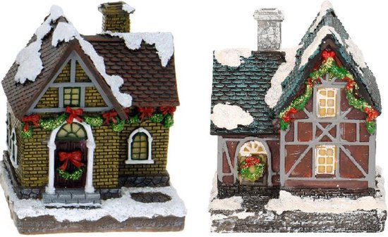 2x Kersthuisjes/kerstdorpje met verlichting 13 cm - Kerstdorpen maken accessoires