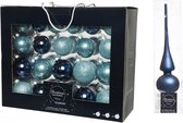 42x boules de Noël en verre bleu glacier (aube bleue)/bleu foncé 5-6-7 cm avec visière bleu foncé - Décorations de Noël