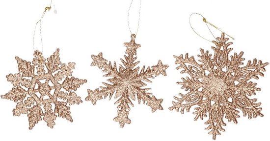 12x Kersthangers figuurtjes koperen sneeuwvlok/ster 10 cm glitter – Sneeuw thema kerstboomhangers – Kerstboomversieringen koper