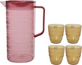 Roze schenkkan/waterkan/sapkan/limonadekan set met 4 gele glazen