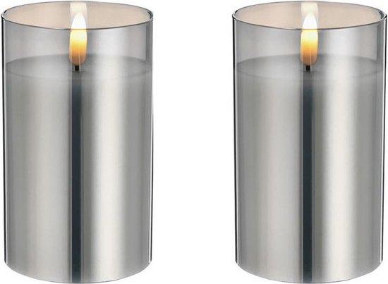 2x stuks luxe led kaarsen in grijs glas D7,5 x H12,5 cm – met timer – Woondecoratie – Elektrische kaarsen