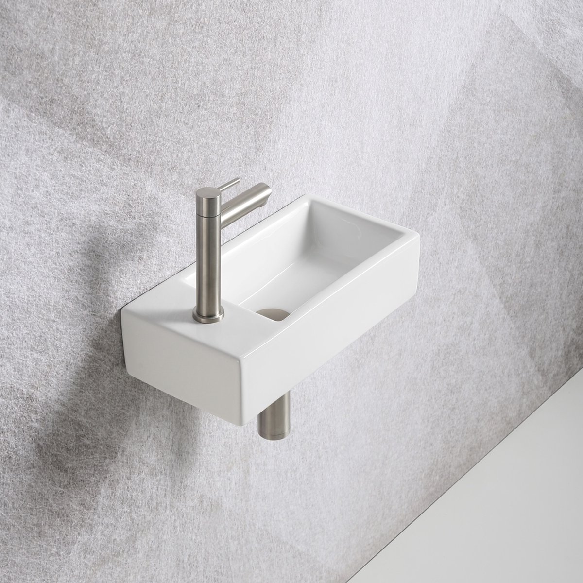 Fonteinset Mia 40.5x20x10.5cm glans wit links inclusief fontein kraan, sifon en afvoerplug RVS