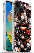 Geschikt voorApple Iphone 14 - Softcase hoesje - Lippen - Bloemen - Verf - Oranje - Kunst - Abstract - Oude meesters - Siliconen Telefoonhoesje