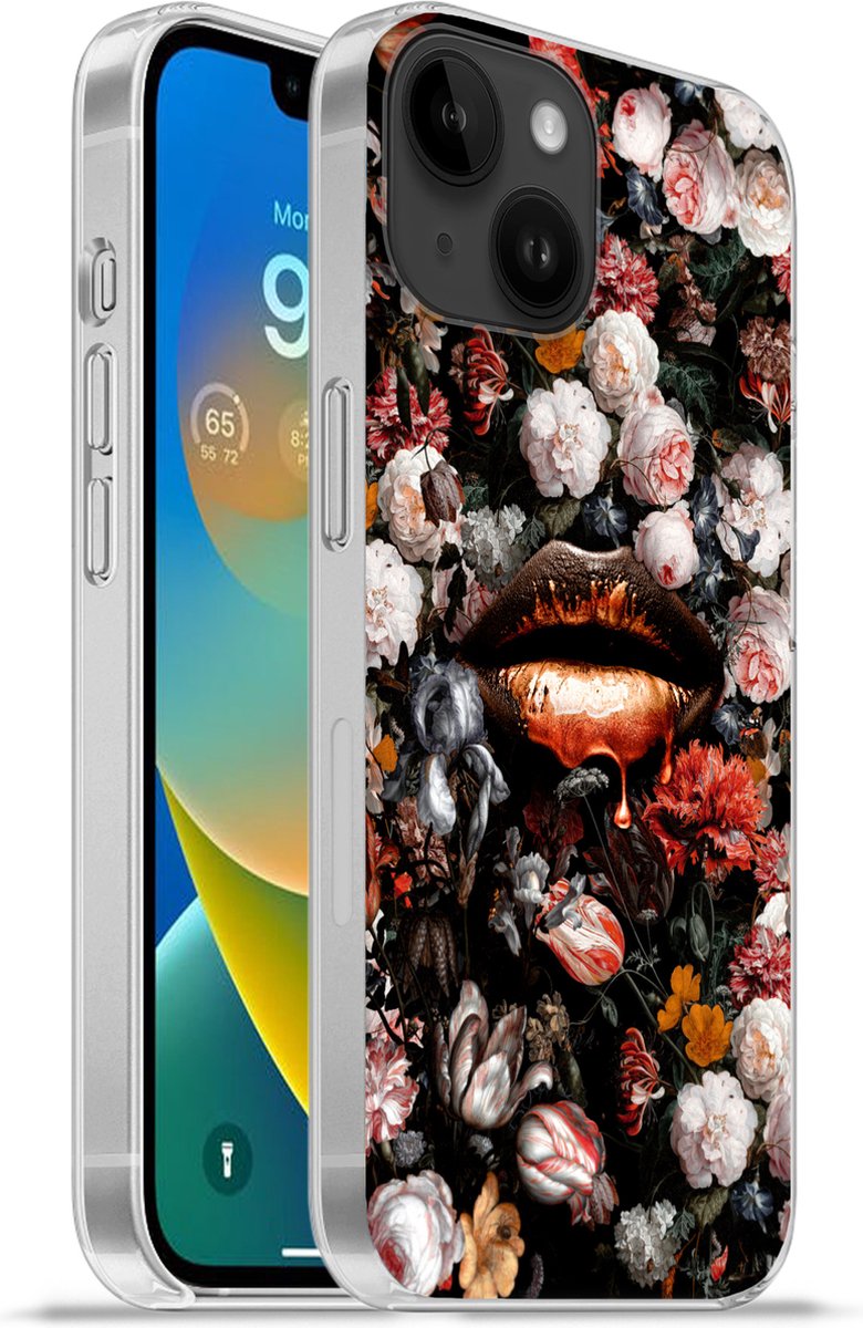 Telefoonhoesje Geschikt voor Apple Iphone 14 hoesje - Lippen - Bloemen - Verf - Oranje - Kunst - Abstract - Oude meesters - Siliconen Telefoonhoesje Telefoonhoesje