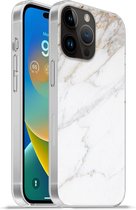 Geschikt voorApple Iphone 14 Pro Max hoesje - Marmer print - Steen - Wit - Goud - Marmer printlook - Steen - Luxe - Siliconen Telefoonhoesje