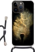 Geschikt voorApple Iphone 14 Pro - Crossbody Case - Goud poeder op een zwarte achtergrond - Siliconen - Crossbody - Backcover met Koord - Telefoonhoesje met koord - Hoesje met touw