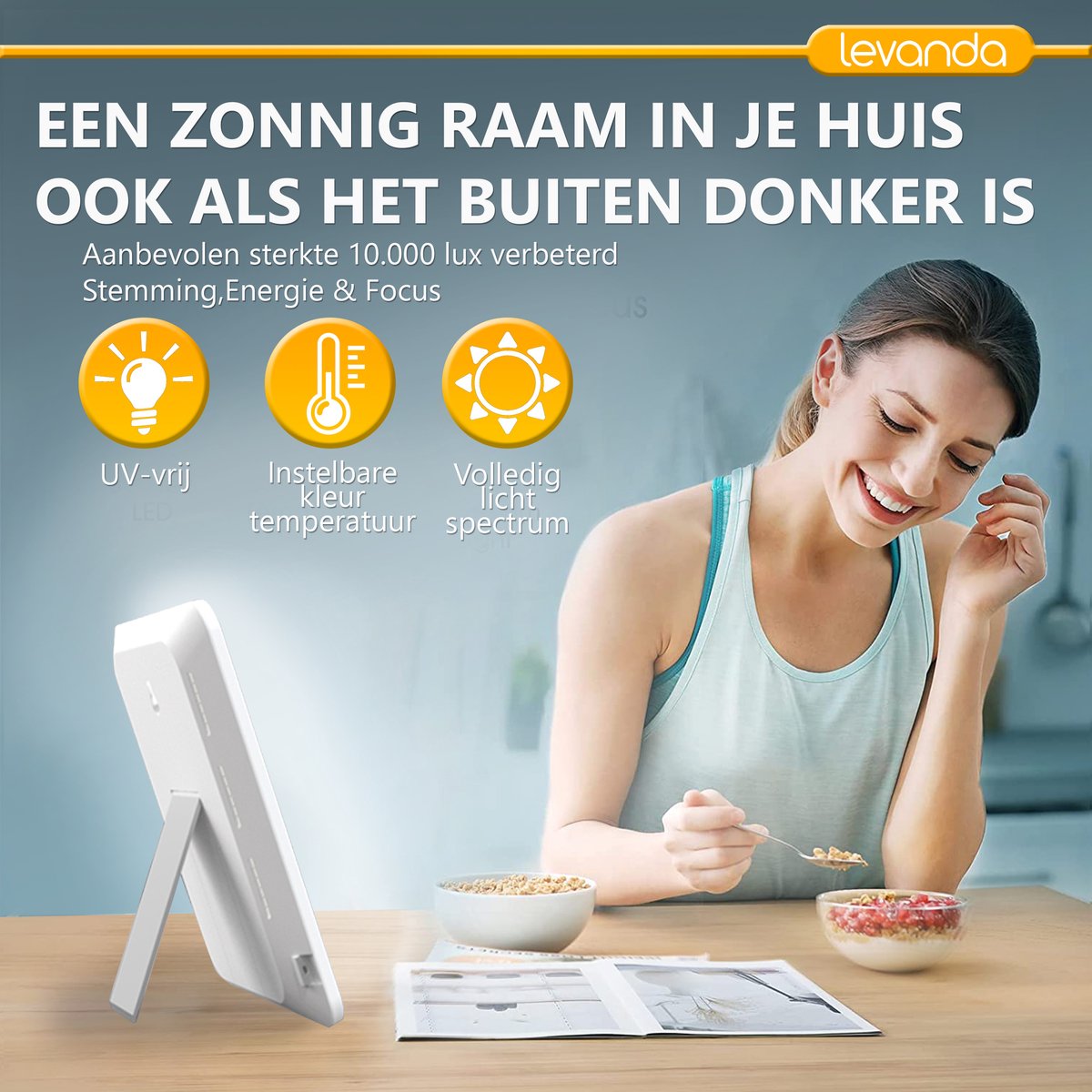 Husgw Daglichtlamp 10.000 Lux, Led Zonlichtlamp Met Geheugenfunctie, 6 Timers, 3 Lichtkleuren, Led Zonlicht, Daglichtlamp Met Traploze Dimmer, 90° Houder, UV-Vrij, VolSpectrumlamp