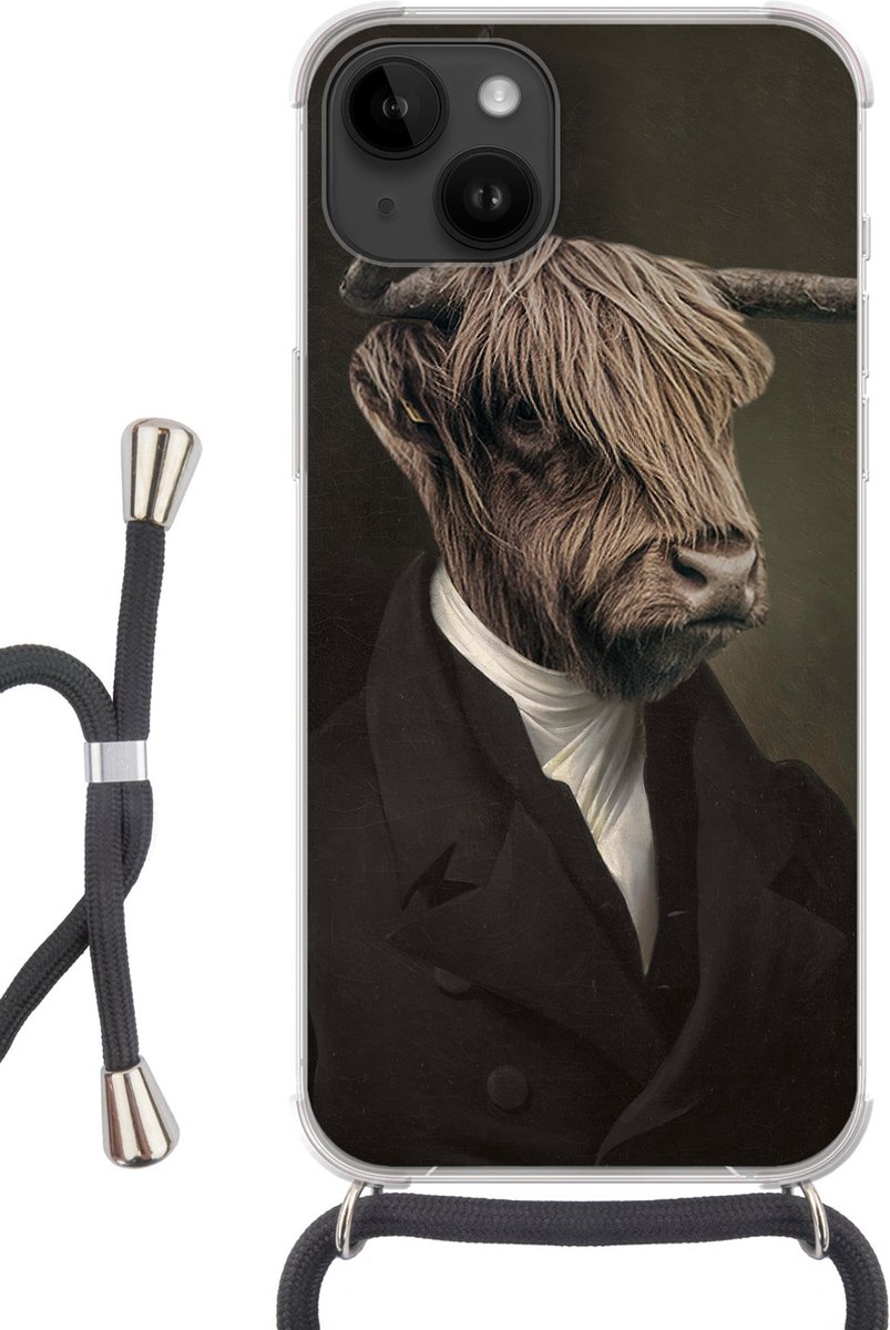 Telefoonhoesje Geschikt voor Apple Iphone 14 - Schotse hooglander - Schilderij - Dieren - Siliconen - Crossbody - Backcover met Koord - Telefoonhoesje met koord - Hoesje met touw Telefoonhoesje