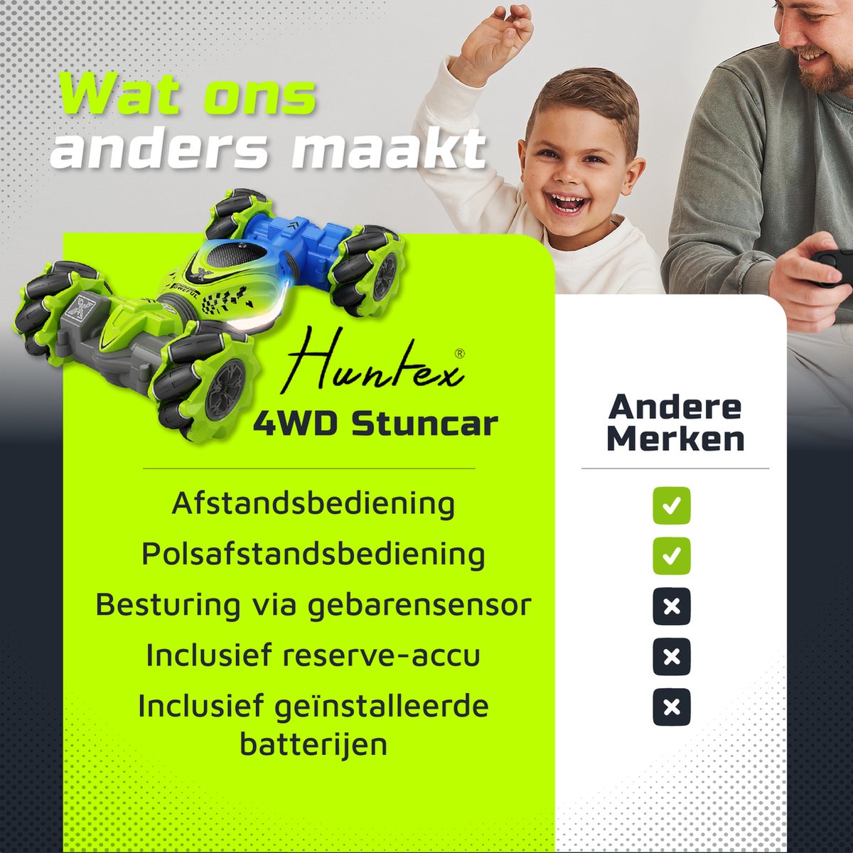 Huntex RC Stunt Car - Inclusief Extra Accu en batterijen - Radiografisch Bestuurbare Auto - Offroad - Transformerende Auto - Volwassenen en Kind - Blauw/Groen - 4wd Twist — afbeelding 4