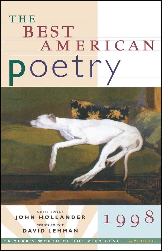 De omslag van 'The Best American Poetry 1998' toont een witte hond liggend op een bank, met de titel op de bovenste helft.