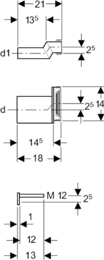 Technische tekening met afmetingen van toiletonderdelen.