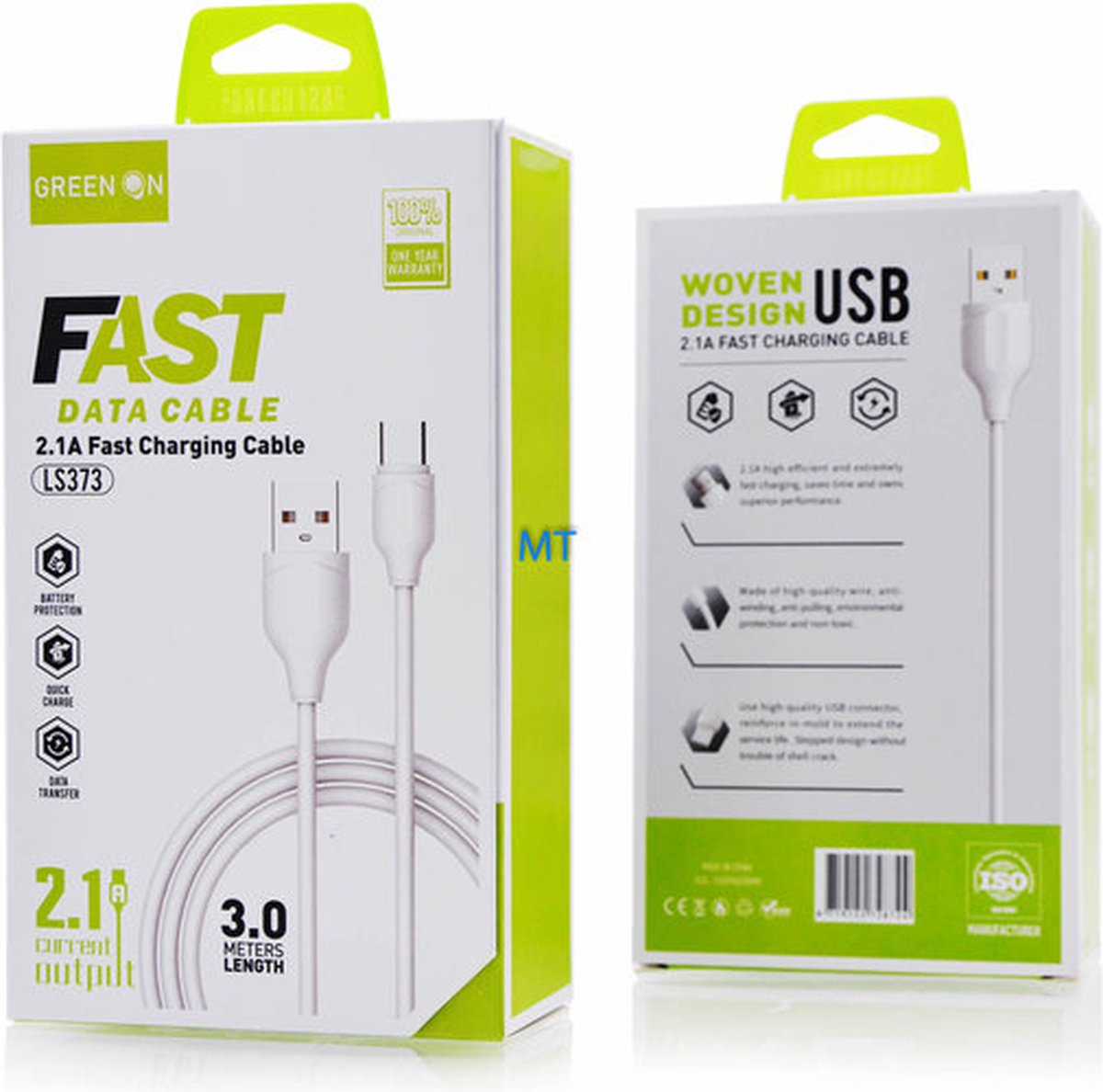 GREEN ON Fast Lightning Cable naar USB - 3 Meter Lightning cable - Oplaadkabel