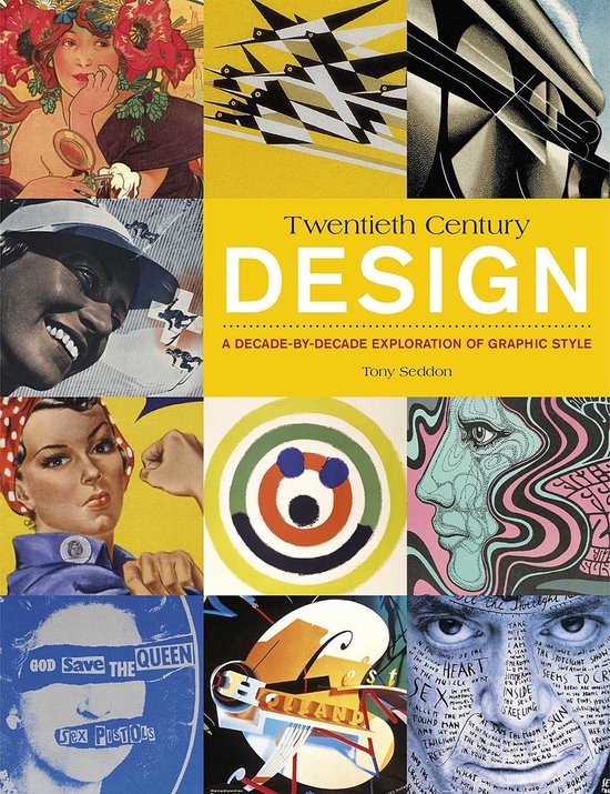Boekomslag 'Twentieth Century DESIGN' met collage van art deco en pop-art illustraties, waaronder een vrouw met rode bloemen en een Sex Pistols poster.