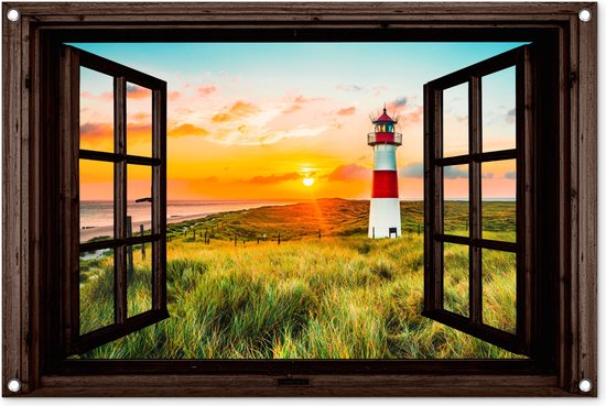 Poster de jardin Phare - Vue - Nature - Soleil - Paysage - Plage - Mer - Fenêtre marron foncé - 90x60 cm - Toile de jardin - Poster extérieur