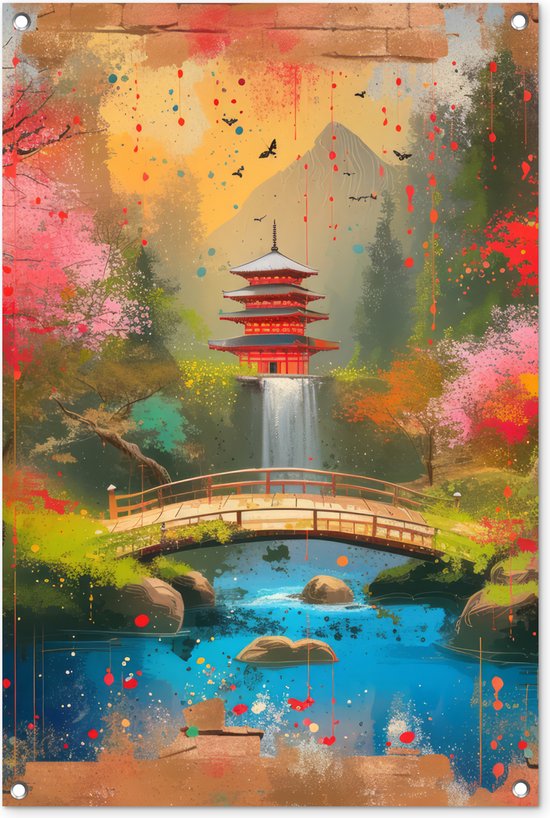 Tuinposter 60x90 cm - Tuindecoratie - Graffiti - Japanse tuin - Kleurrijk - Japan - Street art - Poster voor in de tuin - Buiten decoratie - Schutting tuinschilderij - Muurdecoratie - Tuindoek - Buitenposter..