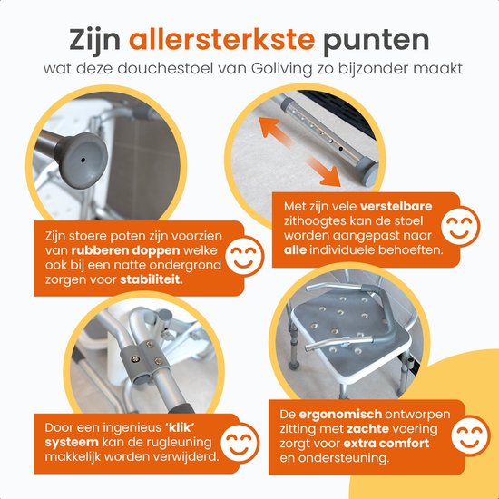 Goliving Verstelbare Douchestoel - Afneembare Arm- en Rugleuning - Douchekruk met Douchekop houder - Antislip - 3.2 kg - Zithoogte 36-51 cm - Wit