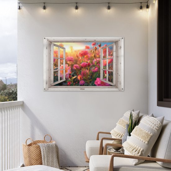 Tuinposter doorkijk bloemen - Wit raam - Tuindecoratie roze rozen - 120x80 cm - Poster voor in de tuin - Buiten decoratie - Schutting tuinschilderij - Tuindoek muurdecoratie - Wanddecoratie balkondoek