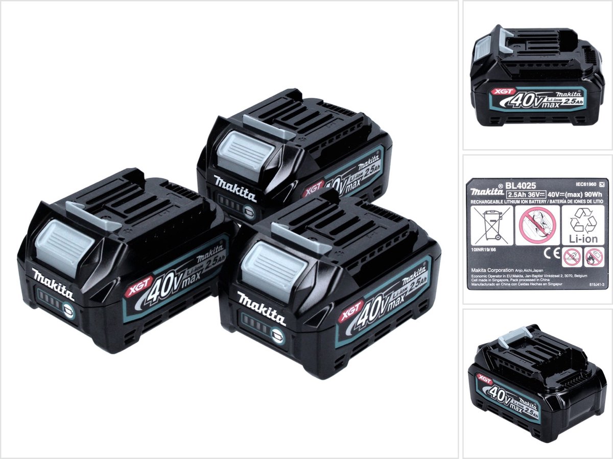 Makita accuset 40 V met 3x BL 4025 2,5 Ah ( 3x 191B36-3 ) XGT Li-Ion accu IP64 beschermingsklasse met LED-display