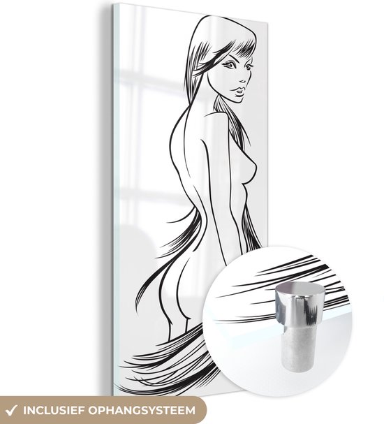 MuchoWow® Glasschilderij 40x80 cm - Schilderij acrylglas - Line-art illustratie van een naakte vrouw met lange haren - Foto op glas - Schilderijen