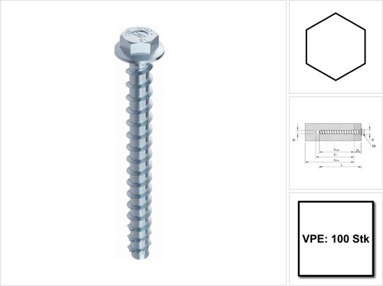 HECO MULTI-MONTI-plus schroefanker 7,5x40 - zeskantkop - verzinkt - 48389 (Per 100 stuks)