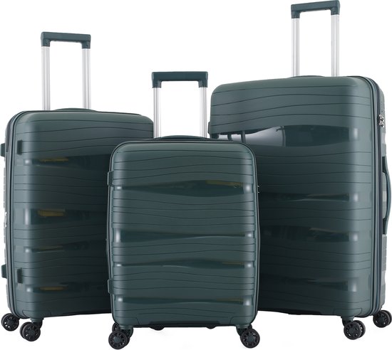 Royal Swiss© - Set de valises de Luxe 3 pièces - 56cm+66cm+76cm avec serrure TSA - Doubles roulettes - Spinners 360° - 100% Polypropylène - Valise rigide - Set trolley - Valises de voyage en Satin VERT | Édition 2023 |
