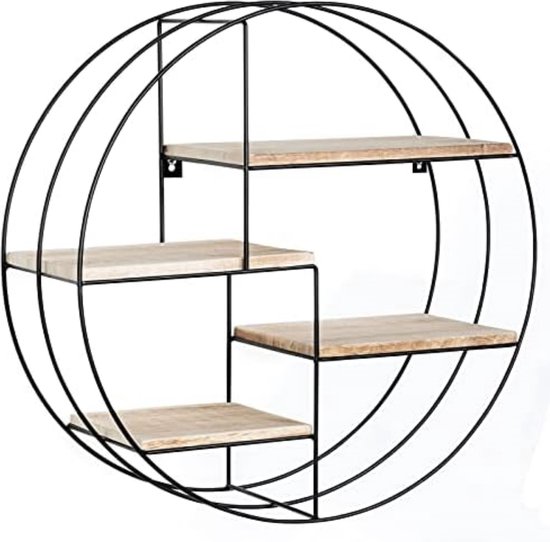 Ronde wandplank Lily Triple Cirkel, 4 niveaus, hout en metaal, industrieel design