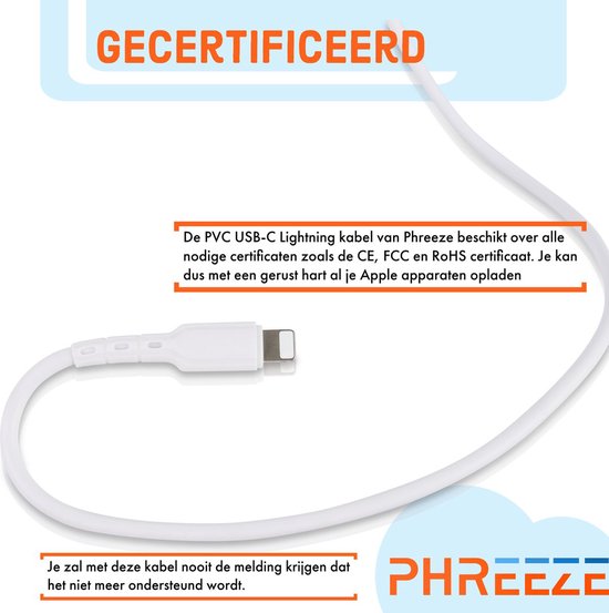 Gecertificeerde witte PVC USB-C naar Lightning kabel met CE, FCC en RoHS certificaten voor veilige oplaadbeurten van Apple apparaten.