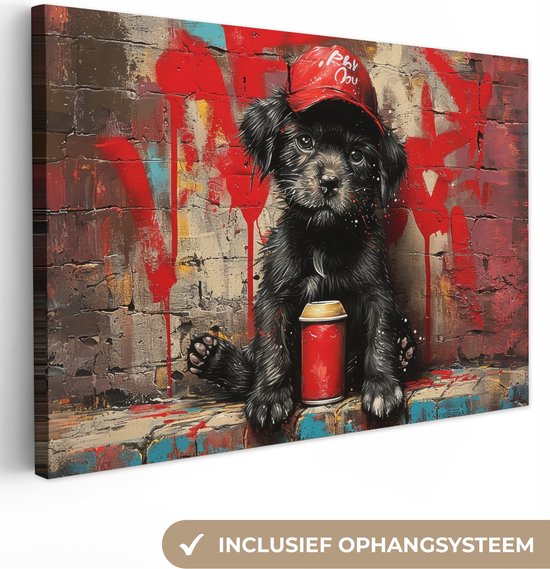Canvas Schilderij 120x80 cm - Graffiti - Hond - Pet - Puppy - Rood - Street art - Dier - Wanddecoratie slaapkamer - Muurdecoratie woonkamer - Interieur decoratie - Schilderijen