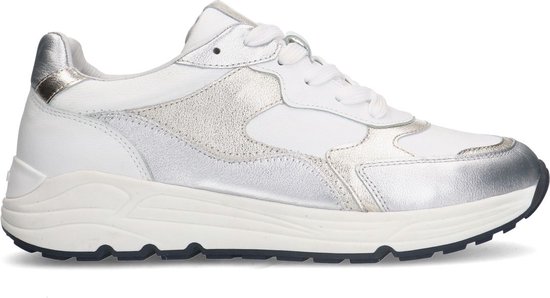 Manfield - Dames - Zilveren leren sneakers met witte details - Maat 38