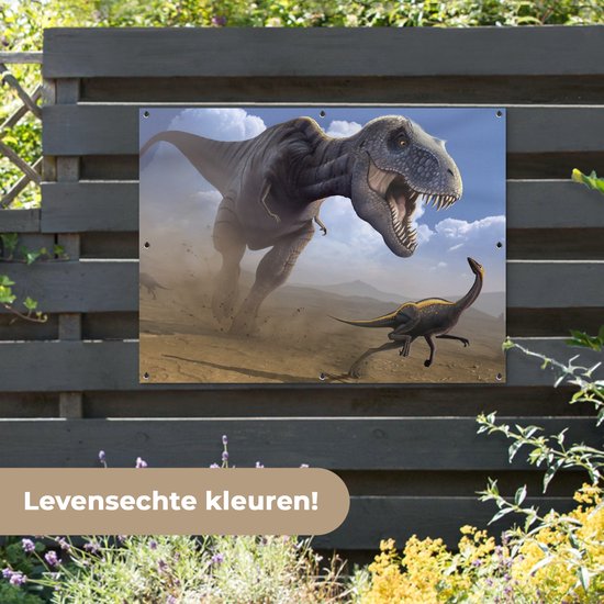 Affiche de jardin Dino - Animaux sauvages - Dessin - Enfants - Garçons - Enfants - 130x90 cm - Décoration murale Extérieur - Affiche de jardin - Toile de jardin - Affiche de clôture - Peinture de jardin