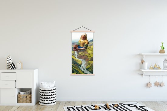 Posterhanger incl. Poster 60x120 cm - Schoolplaat - Melkmeisje - Natuur - Vermeer - Textielposter - Blanke latten