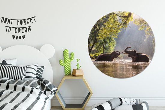 WallCircle - Peinture - Eléphants Jouant Dibond En - Multicolore - 140 X 140 Cm