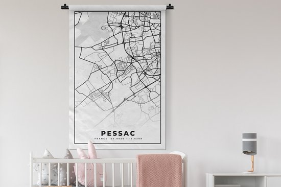 Wandkleed - Wanddoek - Kaart - Stadskaart - Frankrijk - Plattegrond - Pessac - Zwart wit - 90x135 cm - Wandtapijt