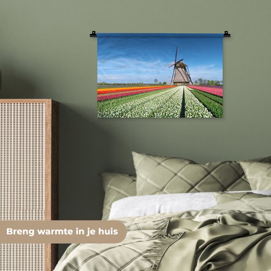 Tenture murale Paysages Nederland - Moulin à vent entre les tulipes aux Nederland Tapisserie coton 60x40 cm - Tapisserie murale avec photo