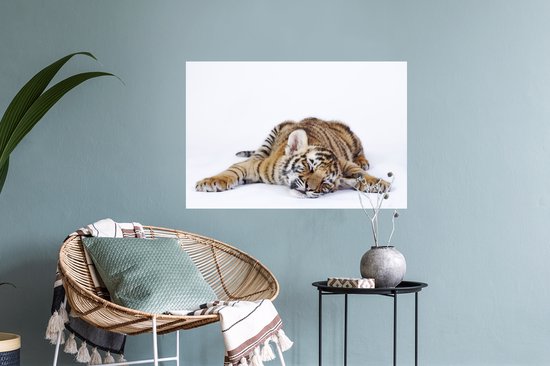 Sticker Muursticker Tigre sur fond blanc - Tigre endormi sur fond blanc - 60x40 cm - film autocollant - sticker mural repositionnable