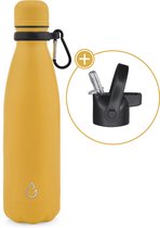 Wattamula Luxe design eco RVS drinkfles - okergeel - extra dop met rietje en carrier - 500 ml - waterfles - thermosfles - sport