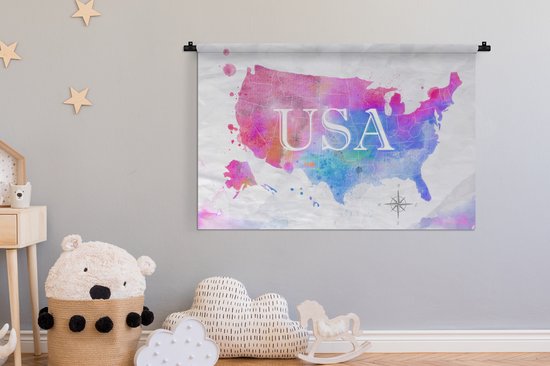 Wandkleed - Wanddoek - Wereldkaart - Waterverf - Verenigde Staten - 150x100 cm - Wandtapijt
