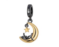 Fler® | Bedel | Past op populaire bedel armbanden (standaard-3mm) | armbandbedel | Kat op de Maan Bedel | Hangbedel Charm | 925 sterling zilver | Zirkonia | Zwarte & Goudkleurige emaille | Vriendschap, Verjaardag, Cadeau | Valentijn kado