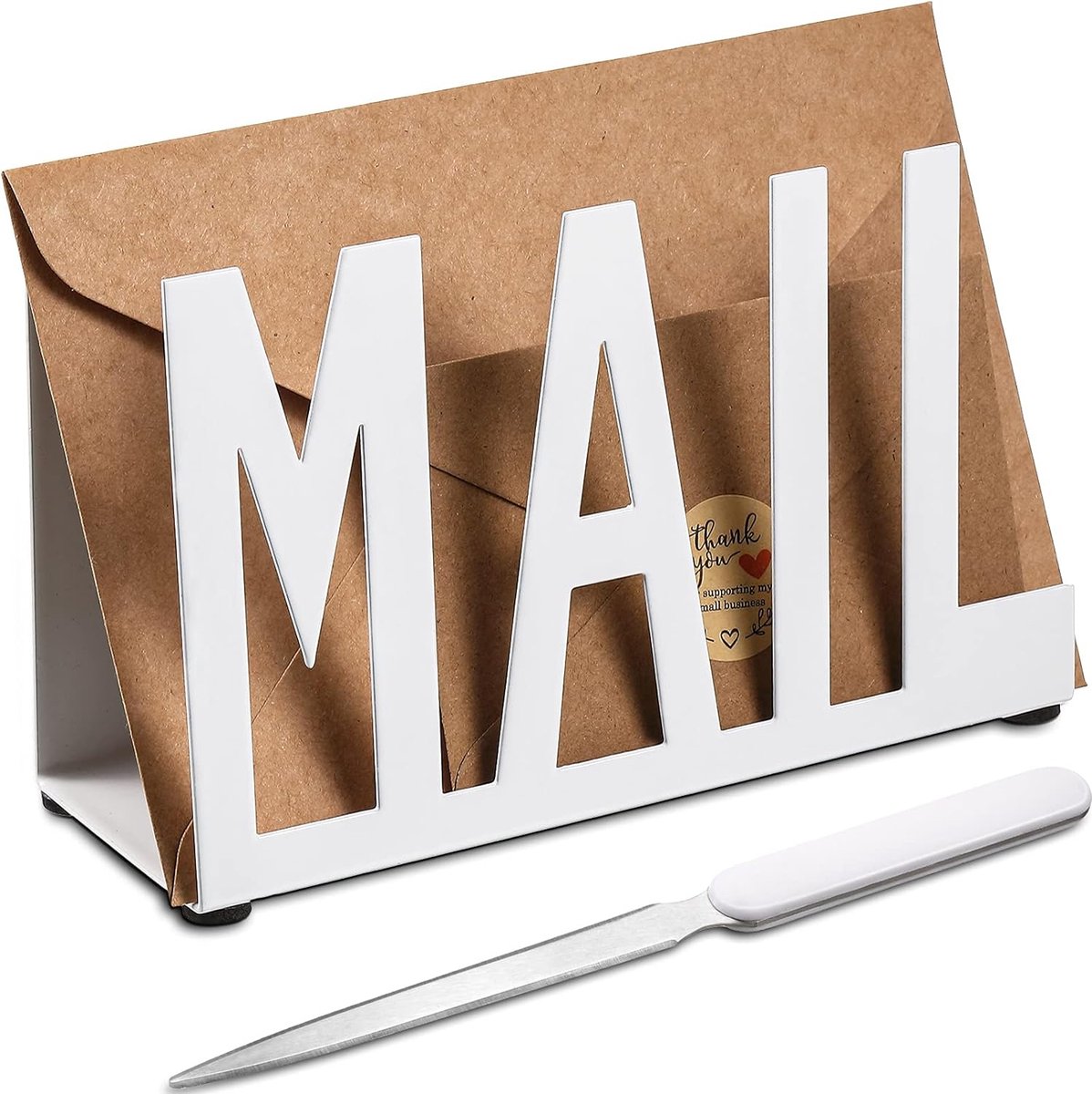 Mailhouder, metalen briefsorteerder, tabletop, e-mail, uitgesneden, organizer, brief, documenten, standaard met briefopener, voor desktop, thuis, kantoor, school (wit normaal script)