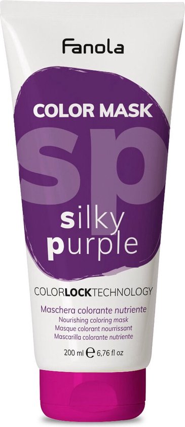 Fanola Color Mask Silky Purple, haarmasker met paarse dop en paarse letters op de tube.