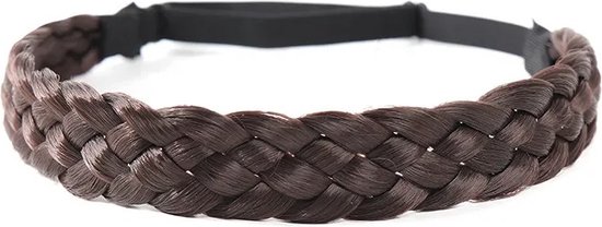 Bandeau tressé brun foncé avec bande élastique noire.