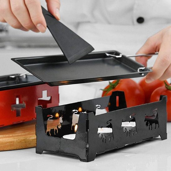 Professionele Non-Stick Grill Set - Raclette Set - Mini Kaassmelt Pan met Opvouwbare Houten Handvat - Kaas Spatel - Nonstick Oven Grill Plaat Accessoire