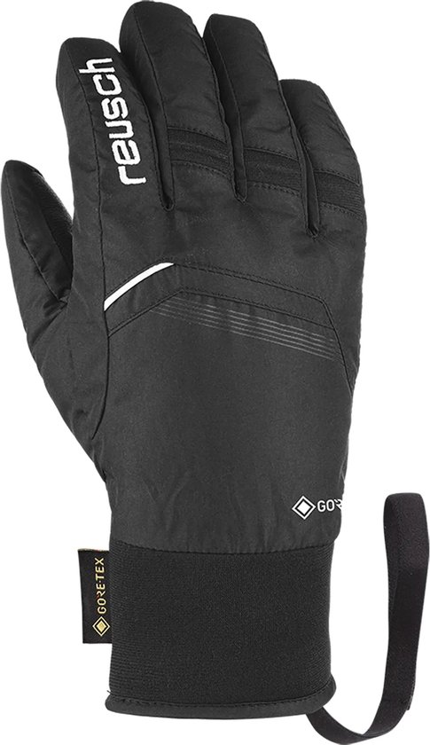 Zwarte ski-handschoen met witte strepen en "GORE-TEX" label. Met lus aan de pols.
