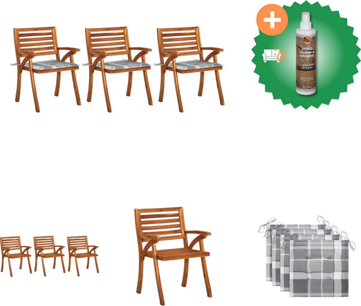VidaXL Eetkamerstoelen Massief Acaciahout 59 x 59 x 87 cm Grijs Ruitpatroon Tuinstoel Inclusief Houtreiniger en verfrisser