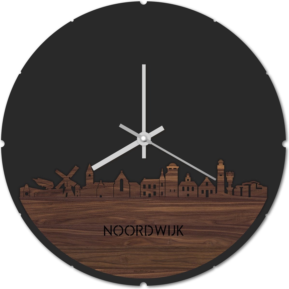 Skyline Klok Rond Noordwijk Notenhout - Ø 44 cm - Stil uurwerk - Wanddecoratie - Meer steden beschikbaar - Woonkamer idee - Woondecoratie - City Art - Steden kunst - Cadeau voor hem - Cadeau voor haar - Jubileum - Trouwerij - Housewarming -