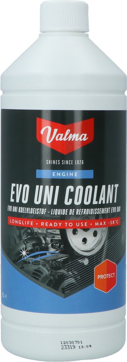Valma EVO Uni Koelvloeistof -38°C 1 Liter – Kant-en-klaar – Beschermt Tegen Vorst en Corrosie – Mengbaar met Alle Koelvloeistoffen – Veilig voor Lak en Rubber