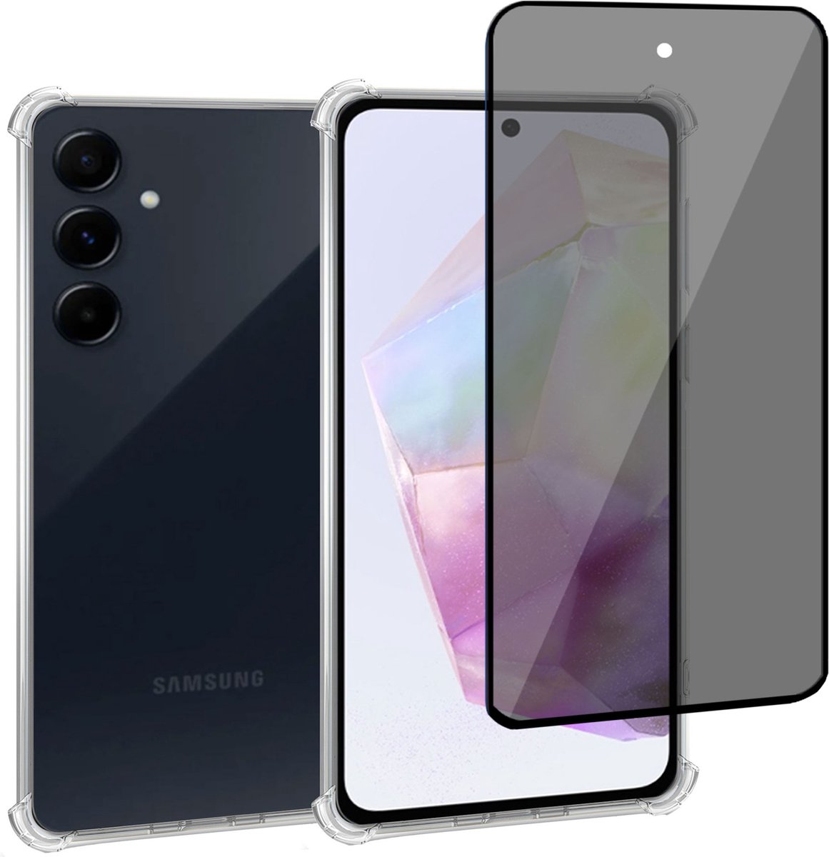 Geschikt voor Samsung Galaxy A35 - Hoesje + Privacy Screenprotector – Privé - Gehard Glas Cover