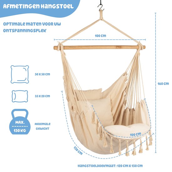 JAXY Hangstoel - Voor Binnen en Buiten - Inclusief Ophangsysteem - Hangnest - tot 150 kg - Incl. 2 Kussens en Boekenvak - Beige